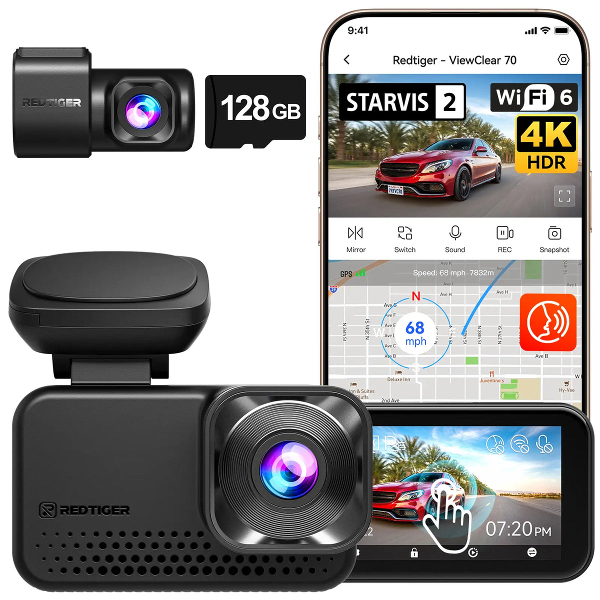 Redtiger ViewClear 70 4K Dual HDR 5.8Ghz WiFi-6 Hyper Night Clarity Dual Dash Cam