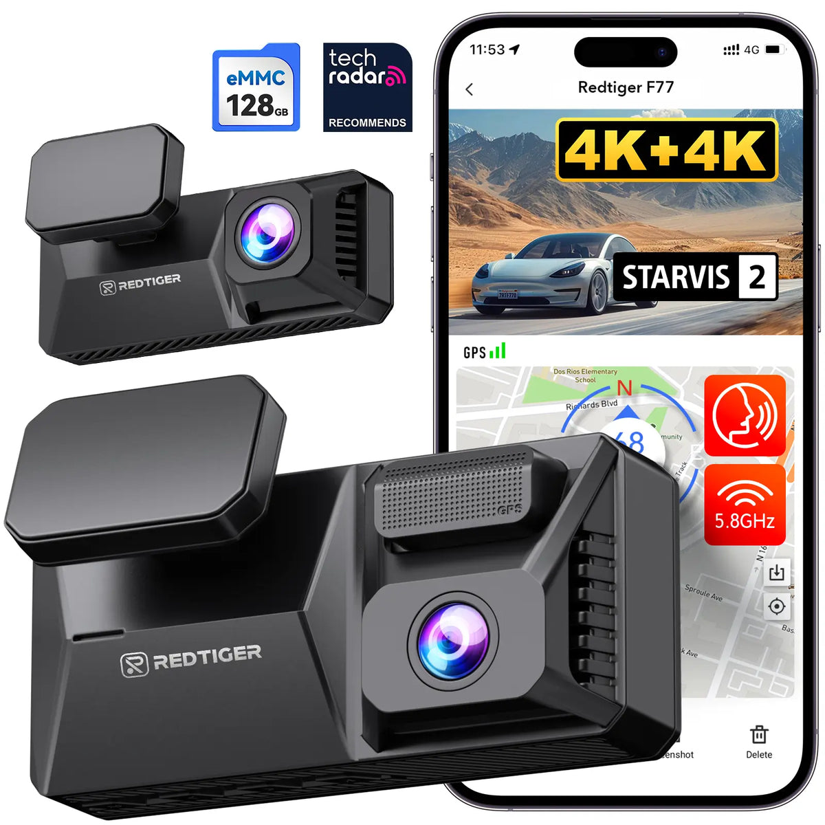 F77 STARVIS 2 4K+4K Dual IMX678 Sprachsteuerung 5,8 GHz Hochgeschwindigkeits-WLAN-Dashcam