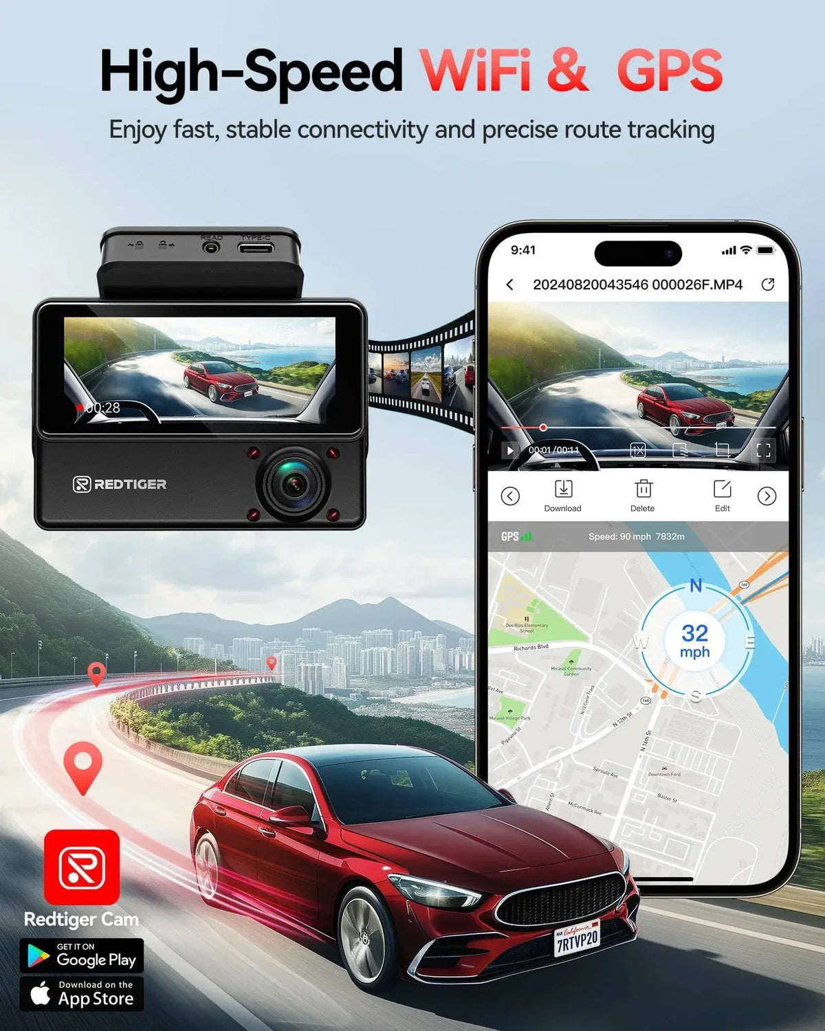 Redtiger VP20 530° 3-Channel IR Night View Dash Cam