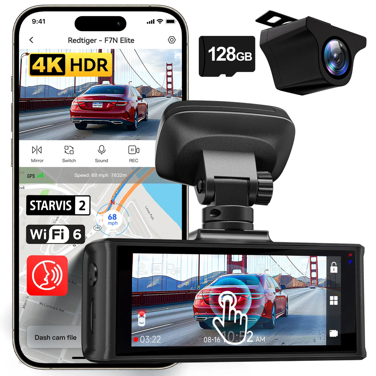 Redtiger F7N Elite 4K Sony STARVIS 2 WiFi-6 Écran tactile Commande vocale Double caméra embarquée