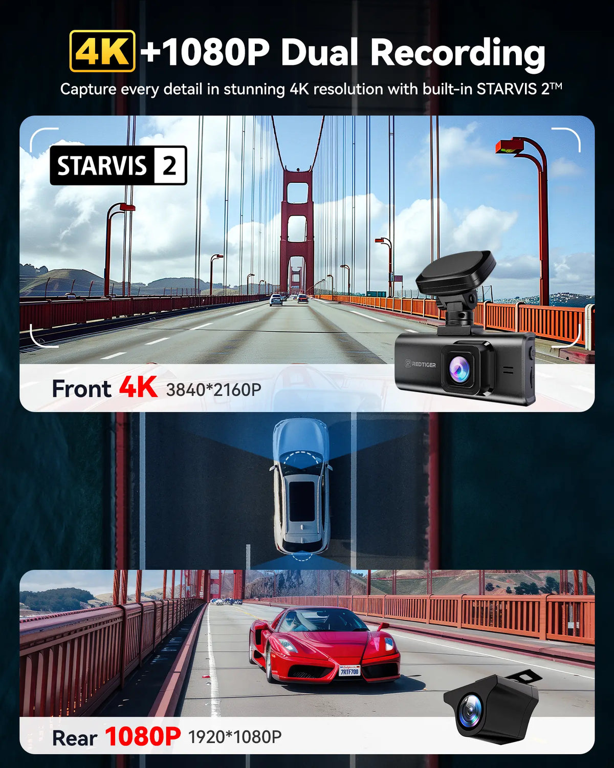 Redtiger F7N Elite 4K Sony STARVIS 2 WiFi-6 Écran tactile Commande vocale Double caméra embarquée