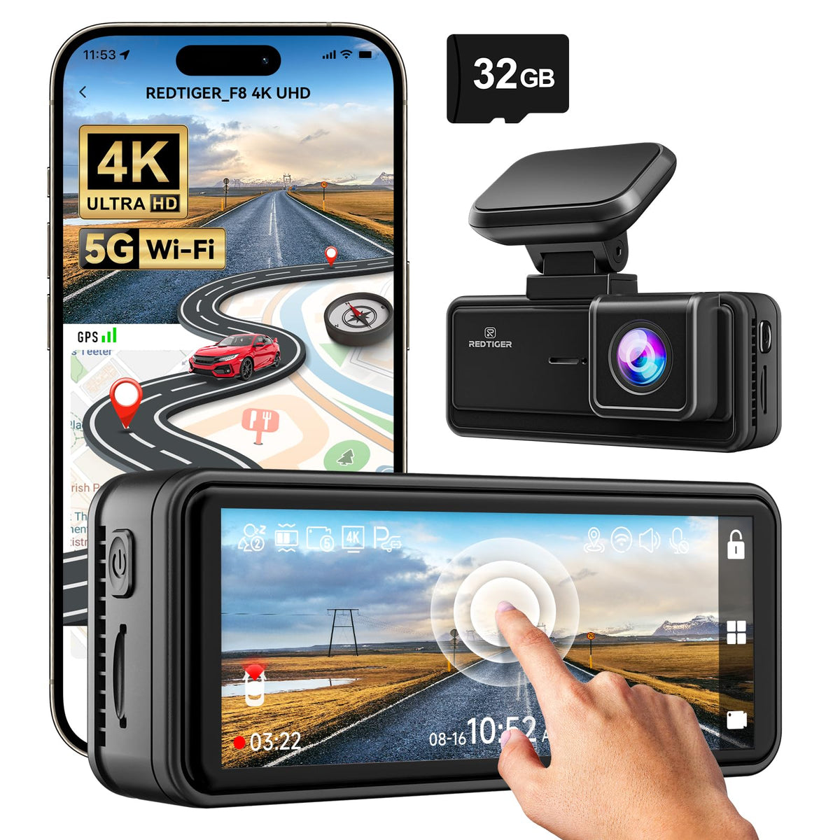 Redtiger F8 5G Wifi Touch Screen 4K Front Dash Cam Hot Sales REDTIGER Official