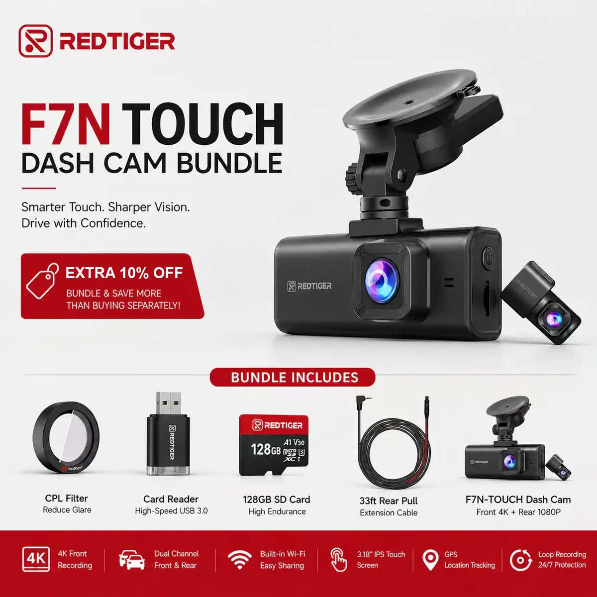 Redtiger F7NT Scáileán Tadhaill 4K Dual Dash Cam