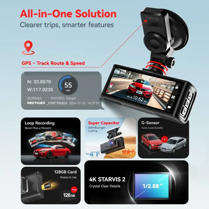 Redtiger F7NT Scáileán Tadhaill 4K Dual Dash Cam