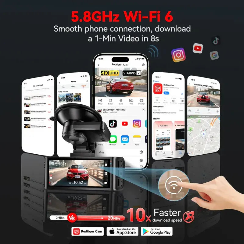 Redtiger F7NT Scáileán Tadhaill 4K Dual Dash Cam