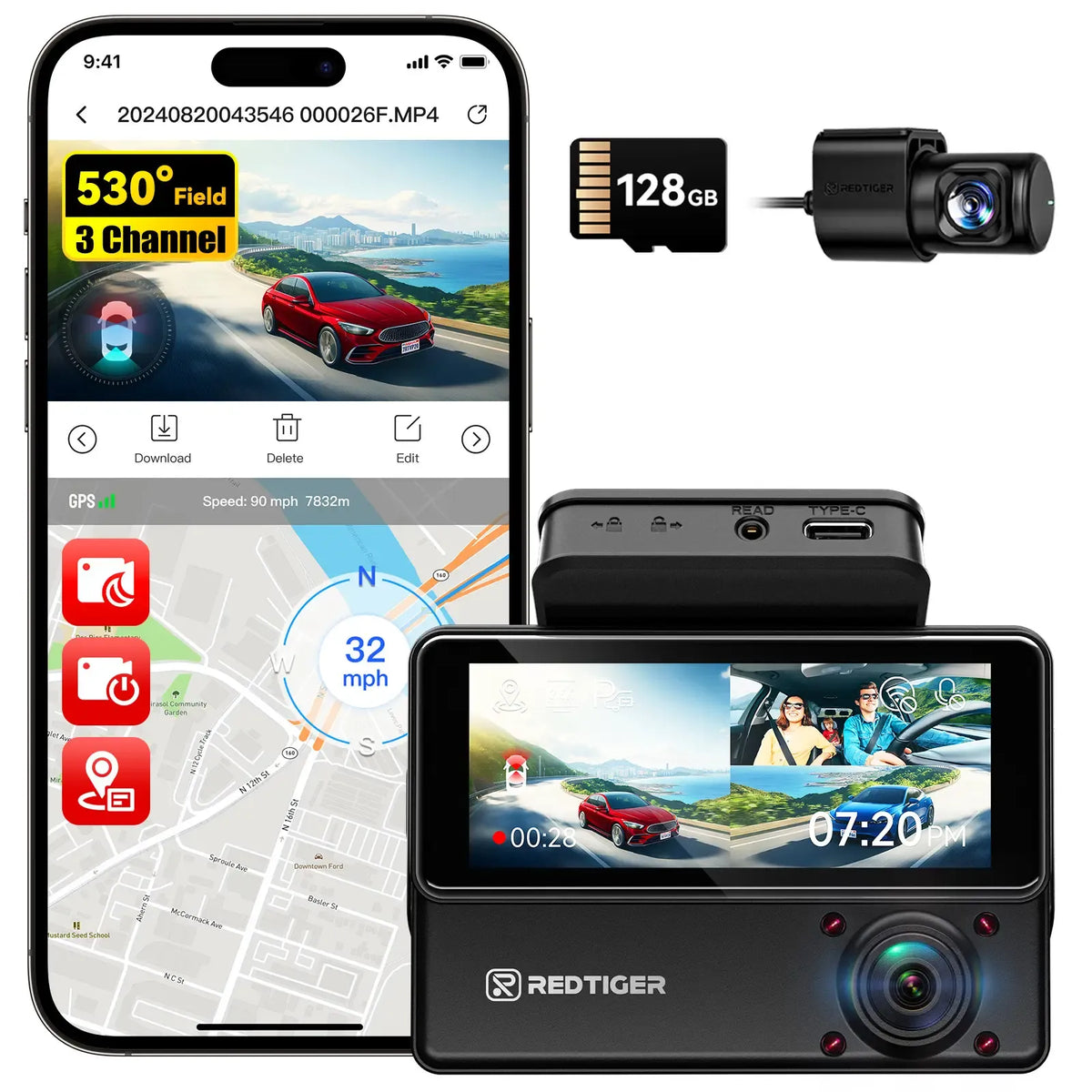 Redtiger VP20 530° 3-Channel IR Night View Dash Cam