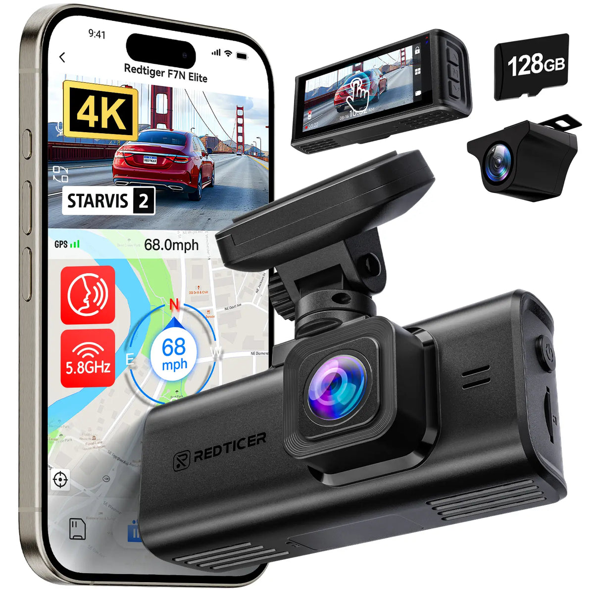 Redtiger F7N Elite 4K Sony STARVIS 2 WiFi-6 Écran tactile Commande vocale Double caméra embarquée